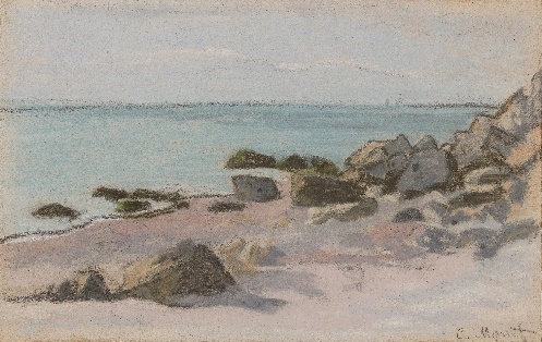 A painting of a beach with rocksDescription automatically generated