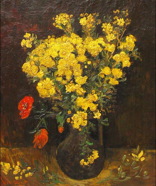A painting of yellow flowers in a vaseDescription automatically generated