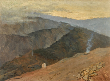 A painting of a mountain landscapeDescription automatically generated