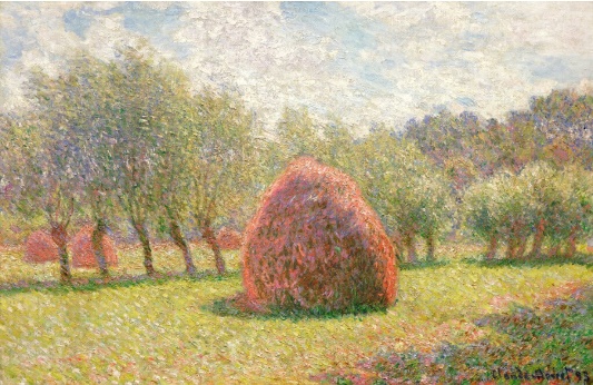 A painting of a haystack in a fieldDescription automatically generated