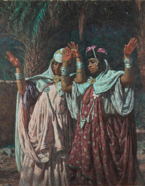 A painting of women in traditional clothingDescription automatically generated