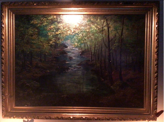 A painting of a river in a frameDescription automatically generated