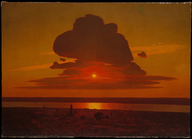 A picture containing text, sunset, nature, night sky. Red Sunset over the Dnieper by Arkhyp Kuindzhi