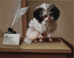 A painting of a dog sitting on a deskDescription automatically generated with medium confidence