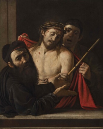 A painting of a person with a crown of thorns on his headDescription automatically generated