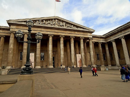 British Museum with columns and a flag