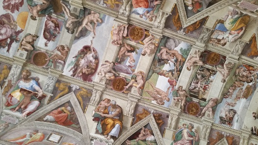 A ceiling with art on it with Sistine Chapel in the backgroundDescription automatically generated