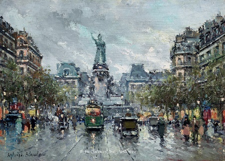 A Paris city street with a statue, bus, and coach - Place de la Republique