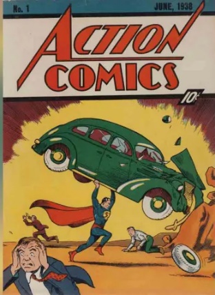 A comic book cover with a green car and a person in a capeDescription automatically generated