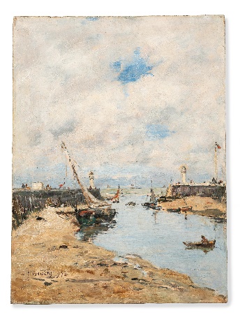 A painting of a harbor with boatsDescription automatically generated
