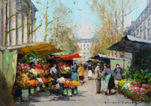 A painting of people at a flower marketDescription automatically generated