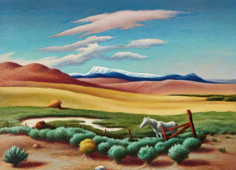 A painting of a landscape with a horseDescription automatically generated