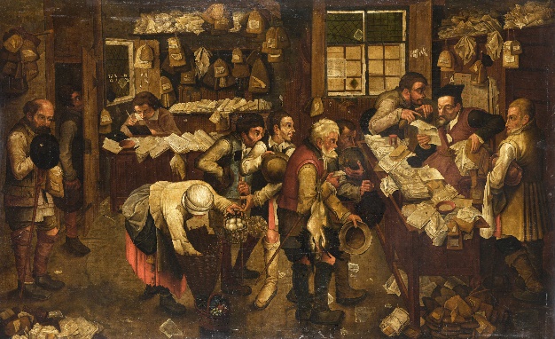 A painting of a group of people at a lawyer's office in the 17th century