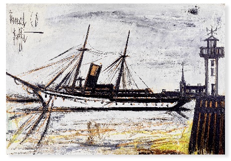 A painting of a ship in the waterDescription automatically generated