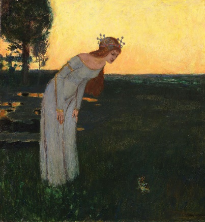 A person in a white dress looking at a frogDescription automatically generated