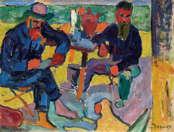 A painting of men sitting at a tableDescription automatically generated