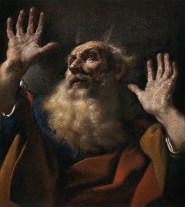 A painting of a bearded person with his hands upDescription automatically generated