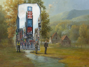 David Pollot - Bleed II - a country landscape with a portal showing Times Square