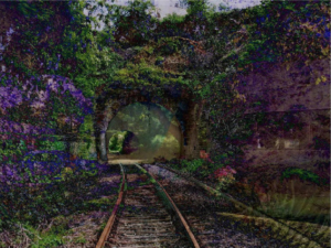 A train tracks through a tunnelof trees