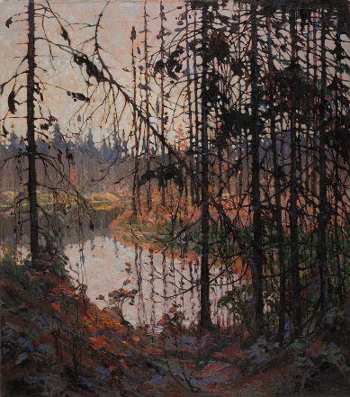 A painting of a forest with a river