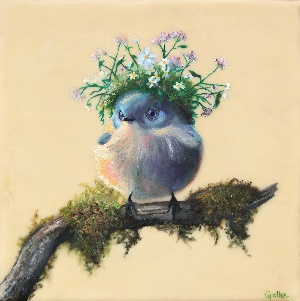 A bird with flowers on a branchDescription automatically generated