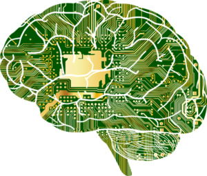 A green and gold circuit board brainDescription automatically generated