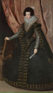 A full-length portrait of a 17th century woman in a black dress standing in front of red drapes.